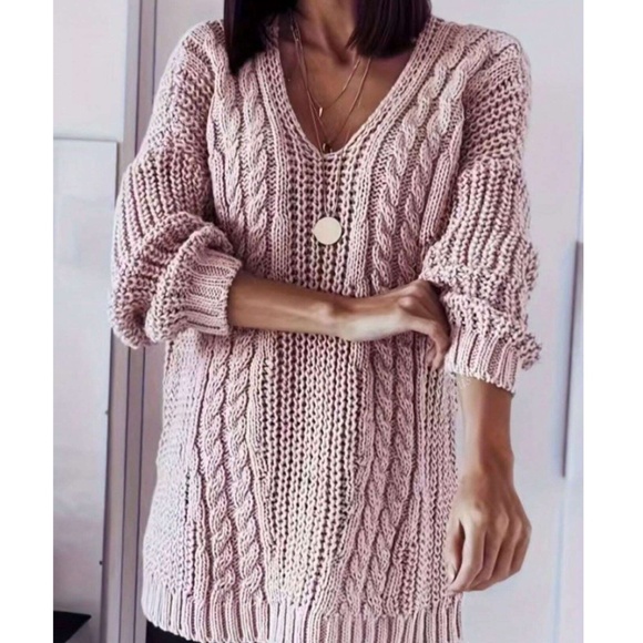 Plus Cozy Solid V neck Chunky Cable knit Loose Fit Sweater top - Picture 2 of 5